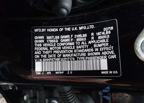 2018 Honda Civic Sport Touring z USA, uszkodzony, nr VIN SHHFK7H97JU217174